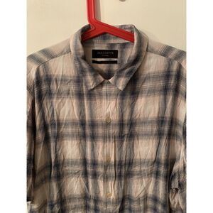 AllSaints Tampa SS Flannel Shirt Plaid Long Sleeve Pink Black Size XL Linen